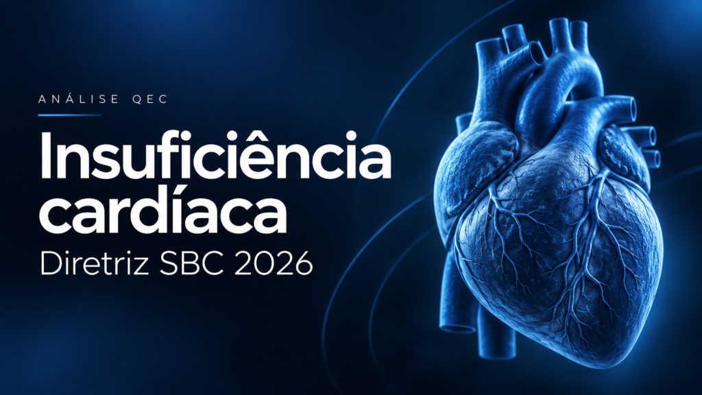 Ilustração de um coração azul com o título Insuficiência cardíaca — Diretriz SBC 2026 — Análise QEC